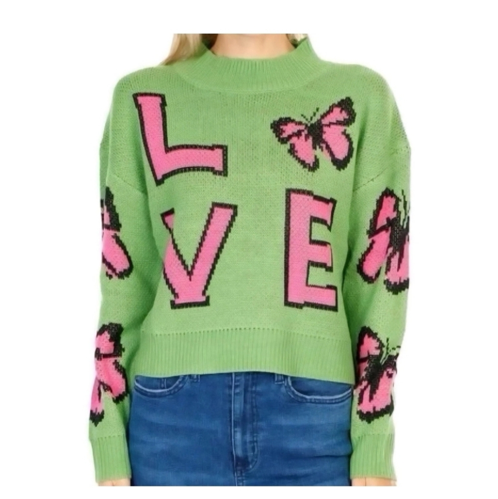 Aqua‎ Blues Green Pink Butterfly Love Sweater Long Sleeve Cropped Size Large NWT